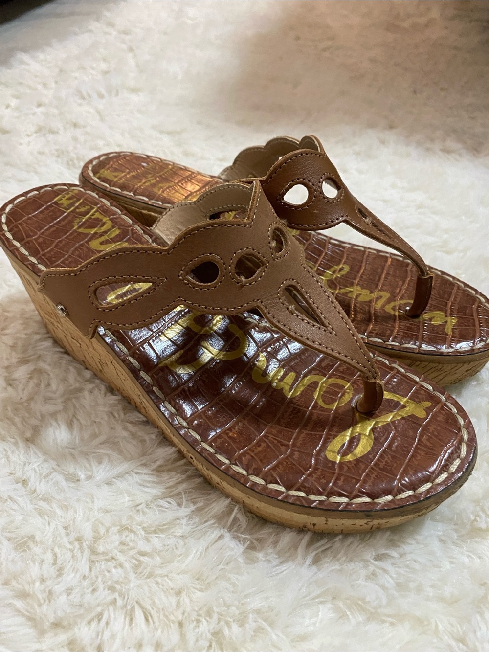 Sam Edelman Brown Leather-Style Wedge Thong Sandals